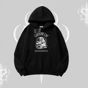 Kapşonlu Sweatshirt Caffeine Cat Kahve Temalı Kedi Baskılı