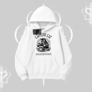 Kapşonlu Sweatshirt Caffeine Cat Kahve Temalı Kedi Baskılı