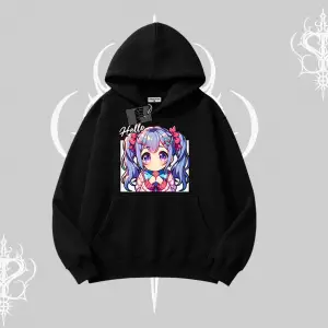 Kapşonlu Sweatshirt Hello Anime Kız Sevimli Karakter Baskılı
