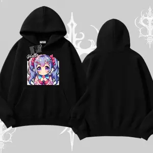 Kapşonlu Sweatshirt Hello Anime Kız Sevimli Karakter Baskılı