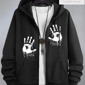 Kapüşonlu Unisex Siyah El Baskılı Fermuarlı