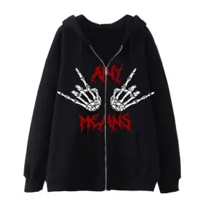 Karanlık Gotik El Kemik Baskılı Fermuarlı Hoodie 14536