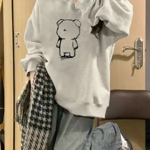 Karikatür Ayı Desenli Damla Sweat Beyaz