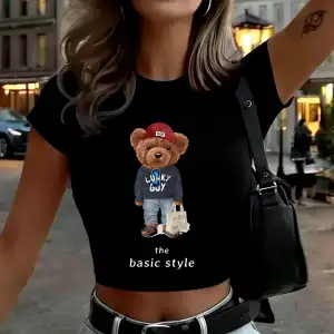 Karikatür ayılar için kıyafetler baskılar kadın kırpma tişörtleri yaz yüksek elastik yumuşak