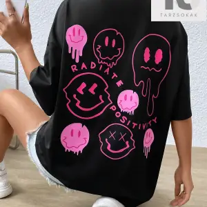 Karikatür Grafikli Düşük Omuzlu Tişört