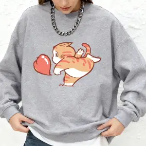 Karikatür Kedi Kırmızı Aşk Baskılı Kapüşonlu Üstler Kadınlar İçin Kışlık Uzun Kollu Yuvarlak