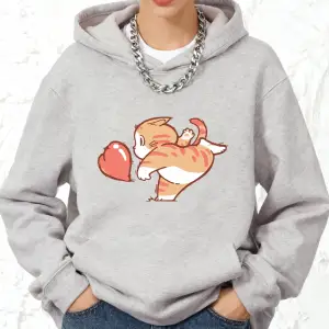 Karikatür Kedi Kırmızı Aşk Baskılı Pamuklu Kapüşonlu Üstler Kadın Spor Bol Sweatshirt Kışlık