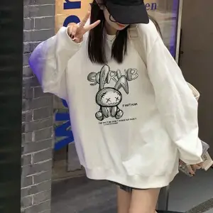 Karikatür & Slogan Grafikli Düşük Omuz Oversize Sweat Beyaz