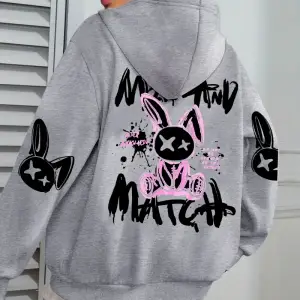Karikatür tavşan baskılar karıştırın ve eşleştirin kadın kapüşonlu ceket cep streetwear haraj