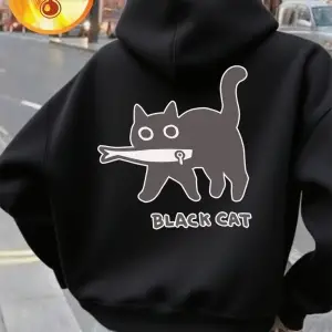 Karikatürler Siyah Kedi Baskılı Kapüşonlular Bayan Kış Polar Sıcak Tişörtü Rahat Gevşek Kazak