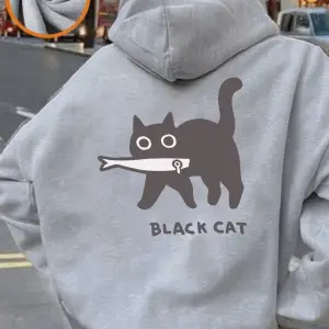 Karikatürler Siyah Kedi Baskılı Kapüşonlular Bayan Kış Polar Sıcak Tişörtü Rahat Gevşek Kazak