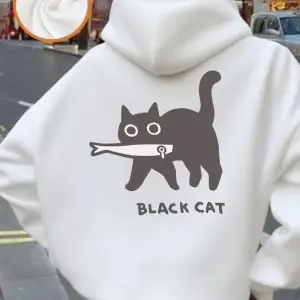 Karikatürler Siyah Kedi Baskılı Kapüşonlular Bayan Kış Polar Sıcak Tişörtü Rahat Gevşek Kazak