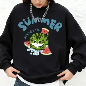 Karpuz Kedi Baskılı Kapüşonlu Üstler Bayanlar Kışlık Sıcak Uzun Kollu Sweatshirtler Günlük Jo