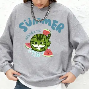 Karpuz Kedi Baskılı Kapüşonlu Üstler Bayanlar Kışlık Sıcak Uzun Kollu Sweatshirtler Günlük Jo