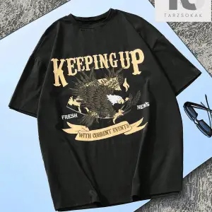 Kartal ve Slogan Grafikli Düşük Omuz Tişört