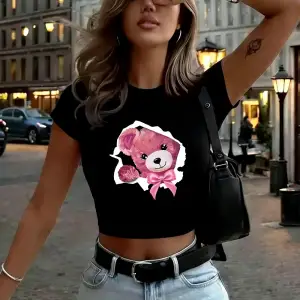 Kawaii Pembe Ayıcık Desenli Fiyonklu Kadın Babby TeeTişörtleri Yazlık Yumuşak Yüksek Esnek Üstler