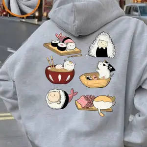 Kawaii Suşi Kediler Baskı Kapüşonlular Bayanlar Rahat Gevşek Tişörtü Kış Polar Sıcak Kazaklar