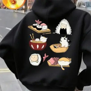 Kawaii Suşi Kediler Baskı Kapüşonlular Bayanlar Rahat Gevşek Tişörtü Kış Polar Sıcak Kazaklar