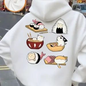 Kawaii Suşi Kediler Baskı Kapüşonlular Bayanlar Rahat Gevşek Tişörtü Kış Polar Sıcak Kazaklar