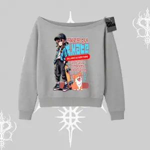 Kayık Yaka Sweatshirt Anime Hiker Girl Balance Is Everything Baskılı