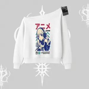 Kayık Yaka Sweatshirt Anime Kız Desenli Japon Tarzı
