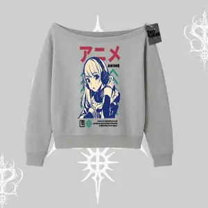 Kayık Yaka Sweatshirt Anime Kız Desenli Japon Tarzı
