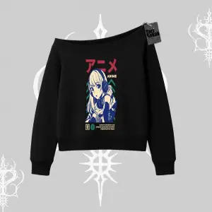 Kayık Yaka Sweatshirt Anime Kız Desenli Japon Tarzı