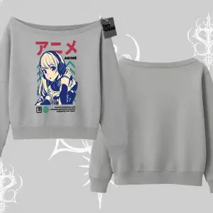 Kayık Yaka Sweatshirt Anime Kız Desenli Japon Tarzı