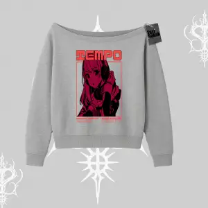 Kayık Yaka Sweatshirt Anime Waifu Kırmızı Grafik Desenli