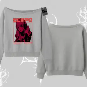 Kayık Yaka Sweatshirt Anime Waifu Kırmızı Grafik Desenli