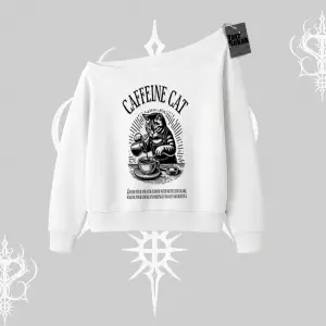 Kayık Yaka Sweatshirt Caffeine Cat Kahve Temalı Kedi Baskılı