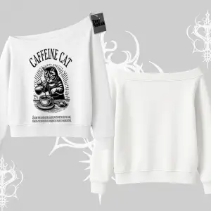 Kayık Yaka Sweatshirt Caffeine Cat Kahve Temalı Kedi Baskılı