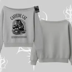 Kayık Yaka Sweatshirt Caffeine Cat Kahve Temalı Kedi Baskılı