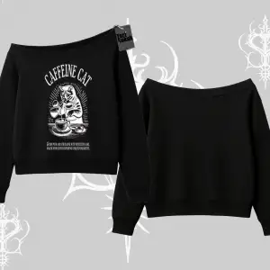 Kayık Yaka Sweatshirt Caffeine Cat Kahve Temalı Kedi Baskılı