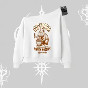Kayık Yaka Sweatshirt Cute Capybara Enjoying Ramen Noodles Artwork