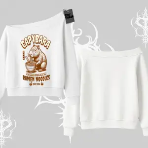 Kayık Yaka Sweatshirt Cute Capybara Enjoying Ramen Noodles Artwork