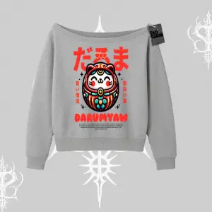 Kayık Yaka Sweatshirt Daruma Kedi Anime Baskılı