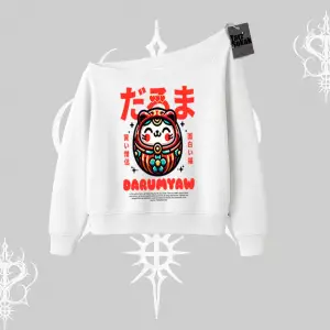 Kayık Yaka Sweatshirt Daruma Kedi Anime Baskılı