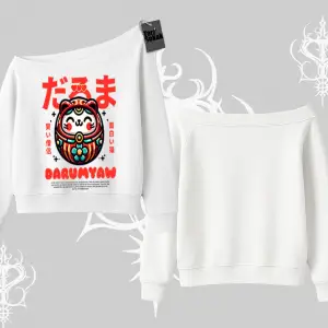 Kayık Yaka Sweatshirt Daruma Kedi Anime Baskılı