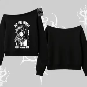 Kayık Yaka Sweatshirt Do You Want Play With Me Anime Kız Baskılı