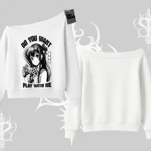 Kayık Yaka Sweatshirt Do You Want Play With Me Anime Kız Baskılı