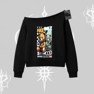 Kayık Yaka Sweatshirt Fake Smile Mood Ayıcık Grafik Baskılı