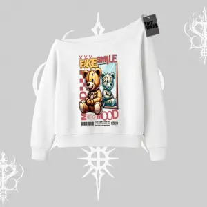 Kayık Yaka Sweatshirt Fake Smile Mood Ayıcık Grafik Baskılı