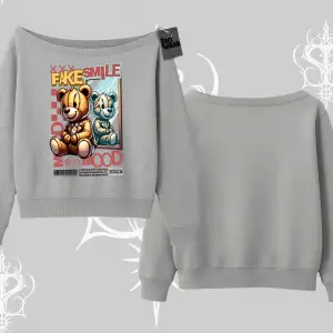 Kayık Yaka Sweatshirt Fake Smile Mood Ayıcık Grafik Baskılı