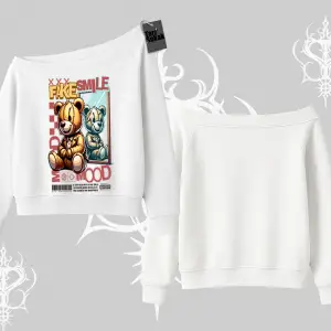 Kayık Yaka Sweatshirt Fake Smile Mood Ayıcık Grafik Baskılı