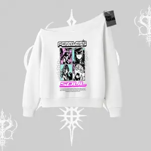 Kayık Yaka Sweatshirt Fearless Soul Anime Kolaj Baskılı