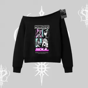Kayık Yaka Sweatshirt Fearless Soul Anime Kolaj Baskılı