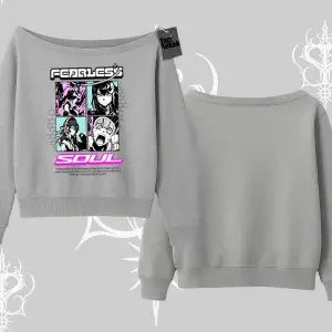 Kayık Yaka Sweatshirt Fearless Soul Anime Kolaj Baskılı