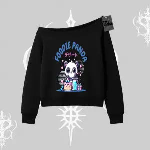 Kayık Yaka Sweatshirt Foodie Panda Tatlı ve Sevimli Panda Baskılı