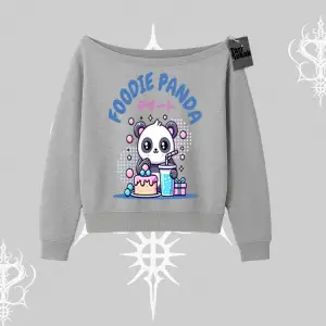 Kayık Yaka Sweatshirt Foodie Panda Tatlı ve Sevimli Panda Baskılı